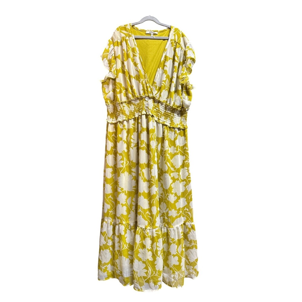 Blush Size 3X Yellow White Floral Boho Maxi Dress Smocked Waist Flutter Sleeves